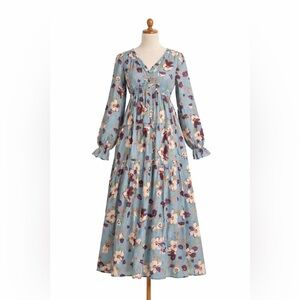 Floral V-Neck Long Sleeve Maxi Dress - Blue